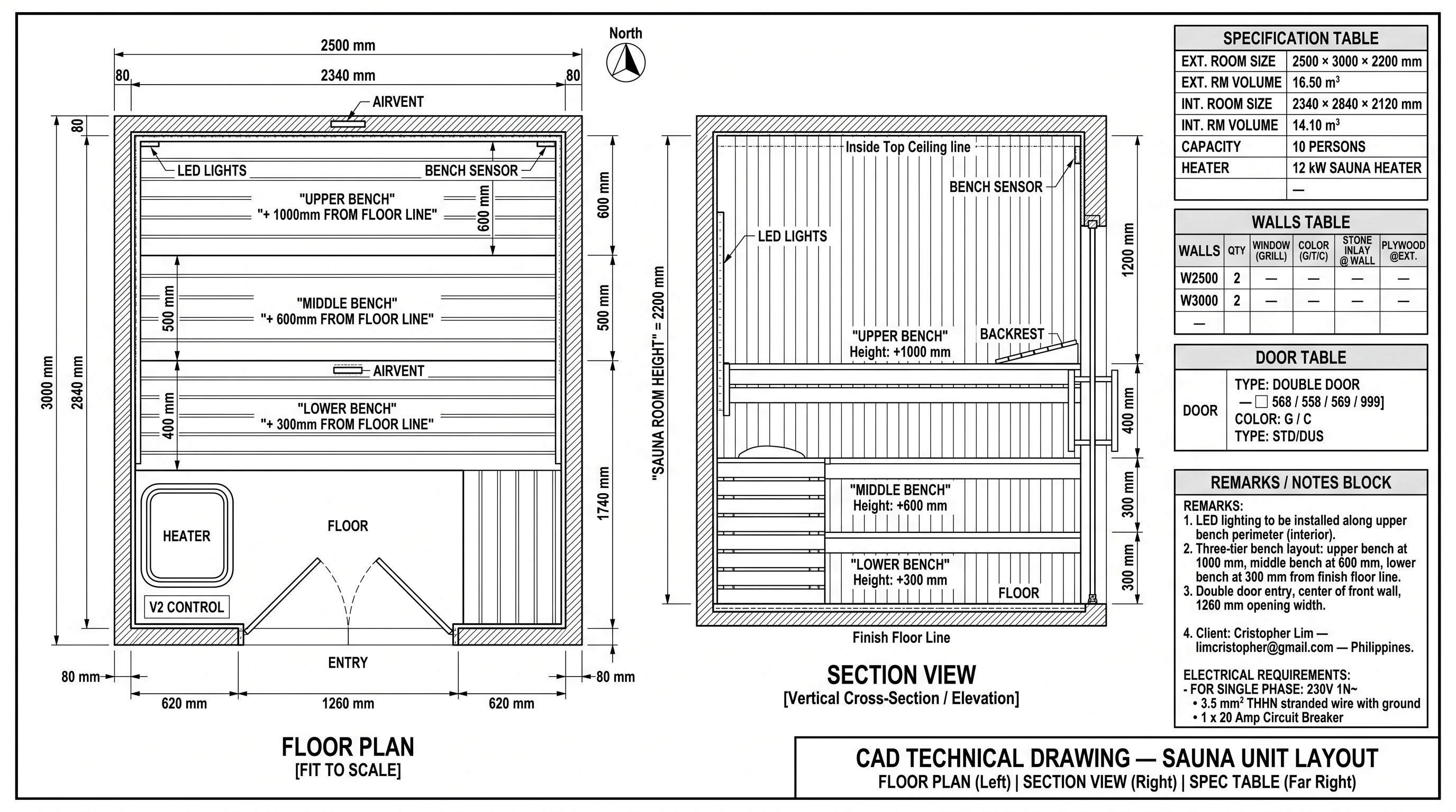 Generated 10-person sauna technical CAD drawing: floor plan, section view and specification tables
